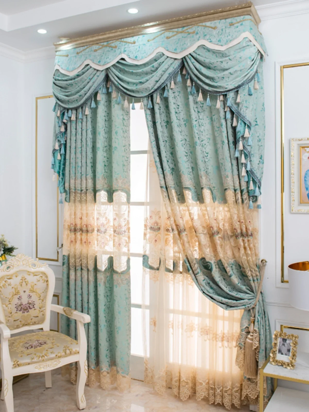 Chenille Cashmere Hollow Out Embroidered Window Screen Green Jacquard Thickened Curtains for Living Room Bedroom French Window 3