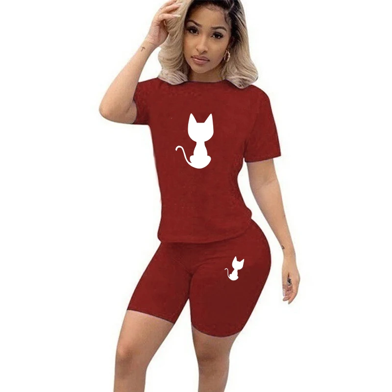 2024 Cute cat print Summer Sexy Fashion T-Shirt Shorts Ladies Tee Short Sleeve Tops Pullover Female Tracksuit  Two Piece Set