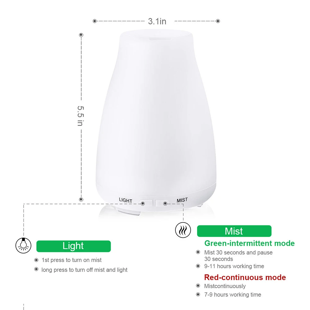 에센셜 오일 아로마 테라피 디퓨저 쿨 미스트 가습기, 업그레이드 된 디퓨저, 7 가지 색상 LED 조명