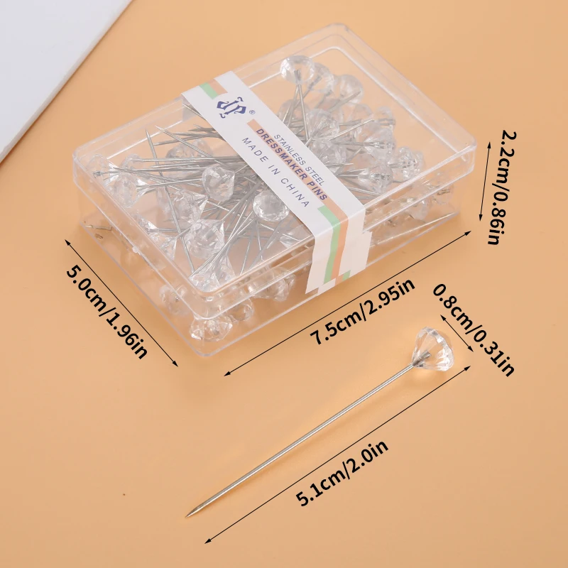 Sewing Pins Alloy Pins Transparent Diamond Pin DIY Wedding Bouquet Pins Stitching Needles Plastic Box Sewing Accessories 1/2Box 50/100Pcs