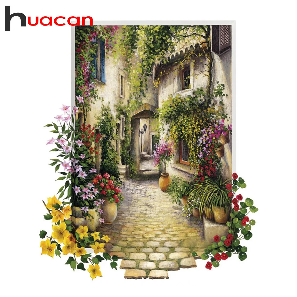 Huacan Diamond Painting Street Full Drill Square Round Mosaic House Flower Diamond Embroidery Kit Landscape Home Decor diamond painting
