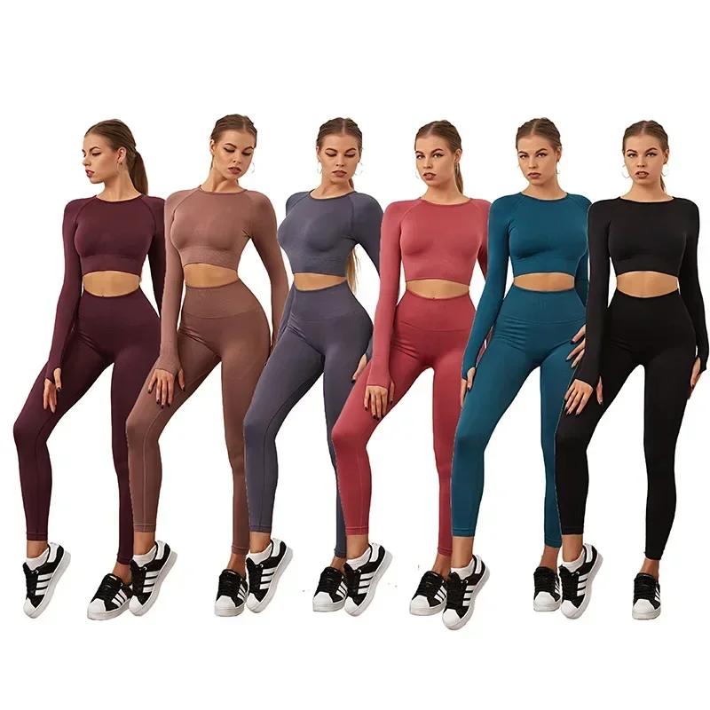 

Seamless Yoga Sets Sports Fitness High Waist Hip-lifting Nude Feel Long-sleeved Suit Workout Clothes Gym Leggjngs Sets for Women
