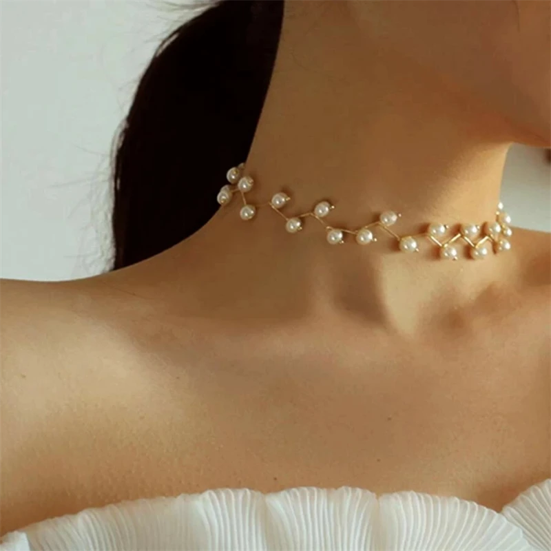 Collar perlas de imitación para mujer, collar corto sencillo de moda, joyería de oro para regalo, collar de perlas para tipo gargantilla| -