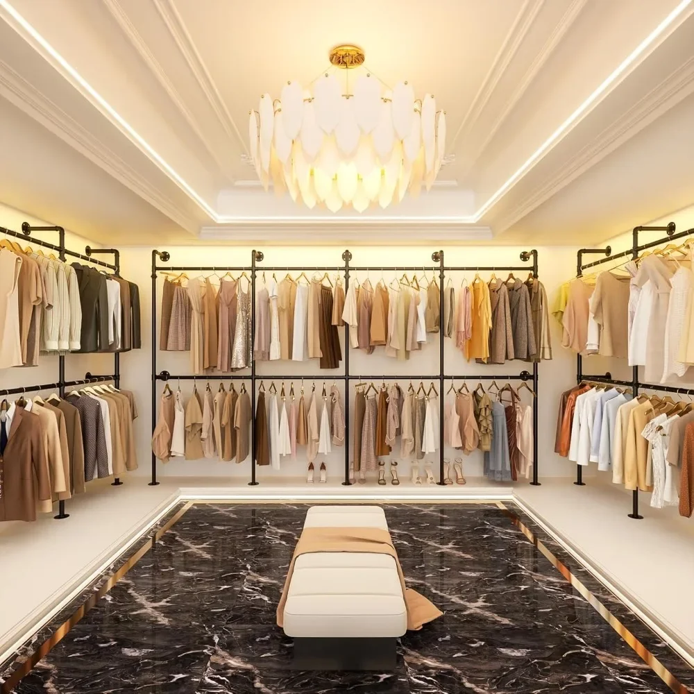 New2025-Industrial Pipe Clothing Rack, Reversible 13FT Clothes Rack for Hanging Clothes, Heavy Duty Garment Racks, Wall Mounted