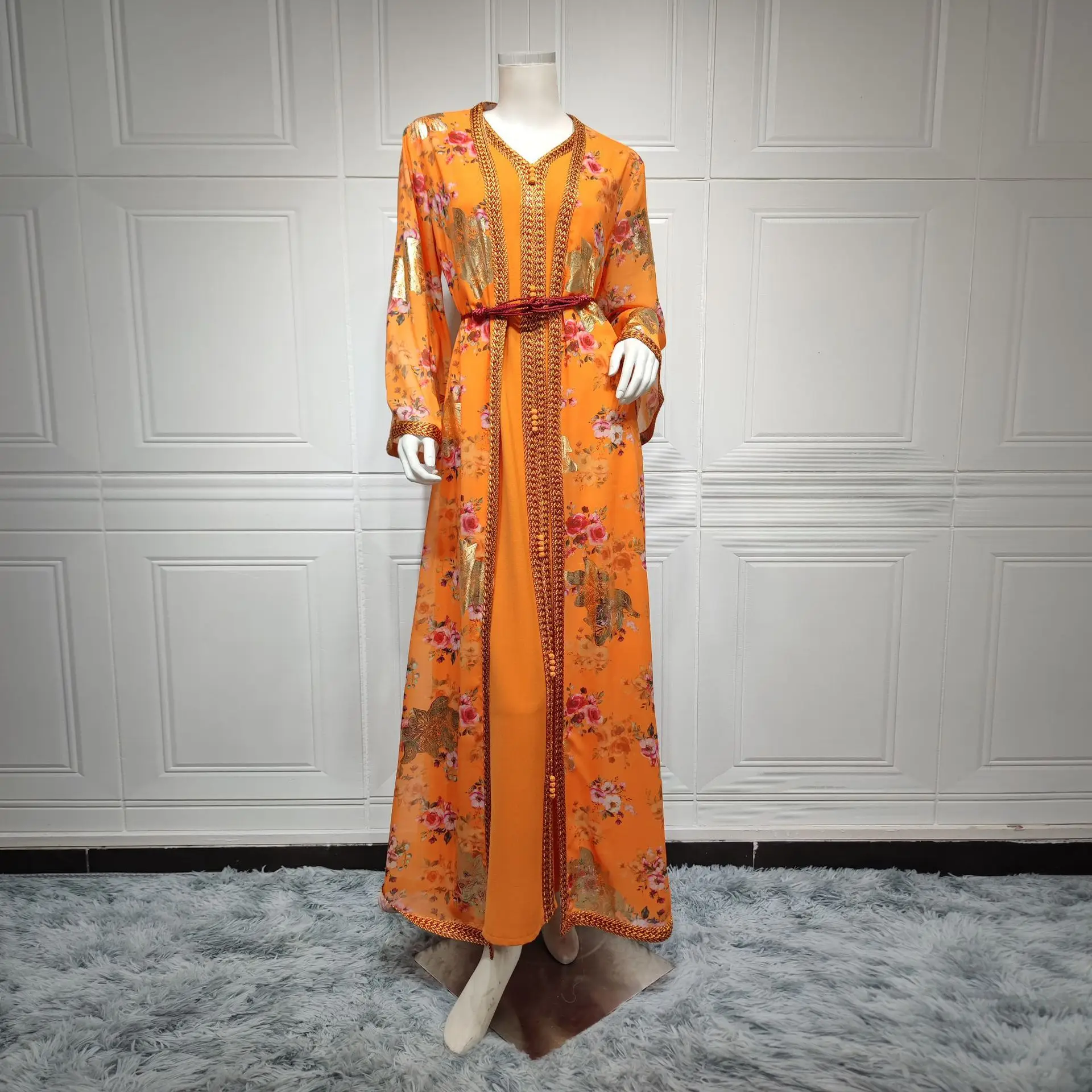 Djellaba Marocaine Two Piece Muslim Dress Chiffon Print Belted Kaftan Ramadan Gown Abayas Islamic Cloth Turkish Women Clothes