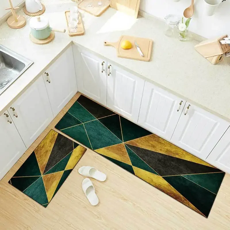 

New Fashion Light Luxury Modern Green Gold Geometric Kitchen Mat Combination Starter Mat Bedroom Non-slip Bedside Blanket
