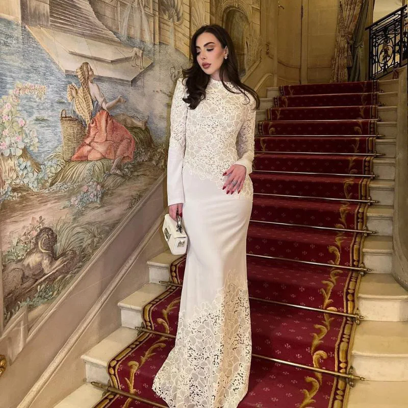 Weißes Spitzen-Meerjungfrauenkleid mit Langen Ärmeln, O-Ausschnitt, Figurbetontes Maxikleid, Elegantes Damenkleid für Hochzeit, Party, Formelle Anlässe und Abschlussball