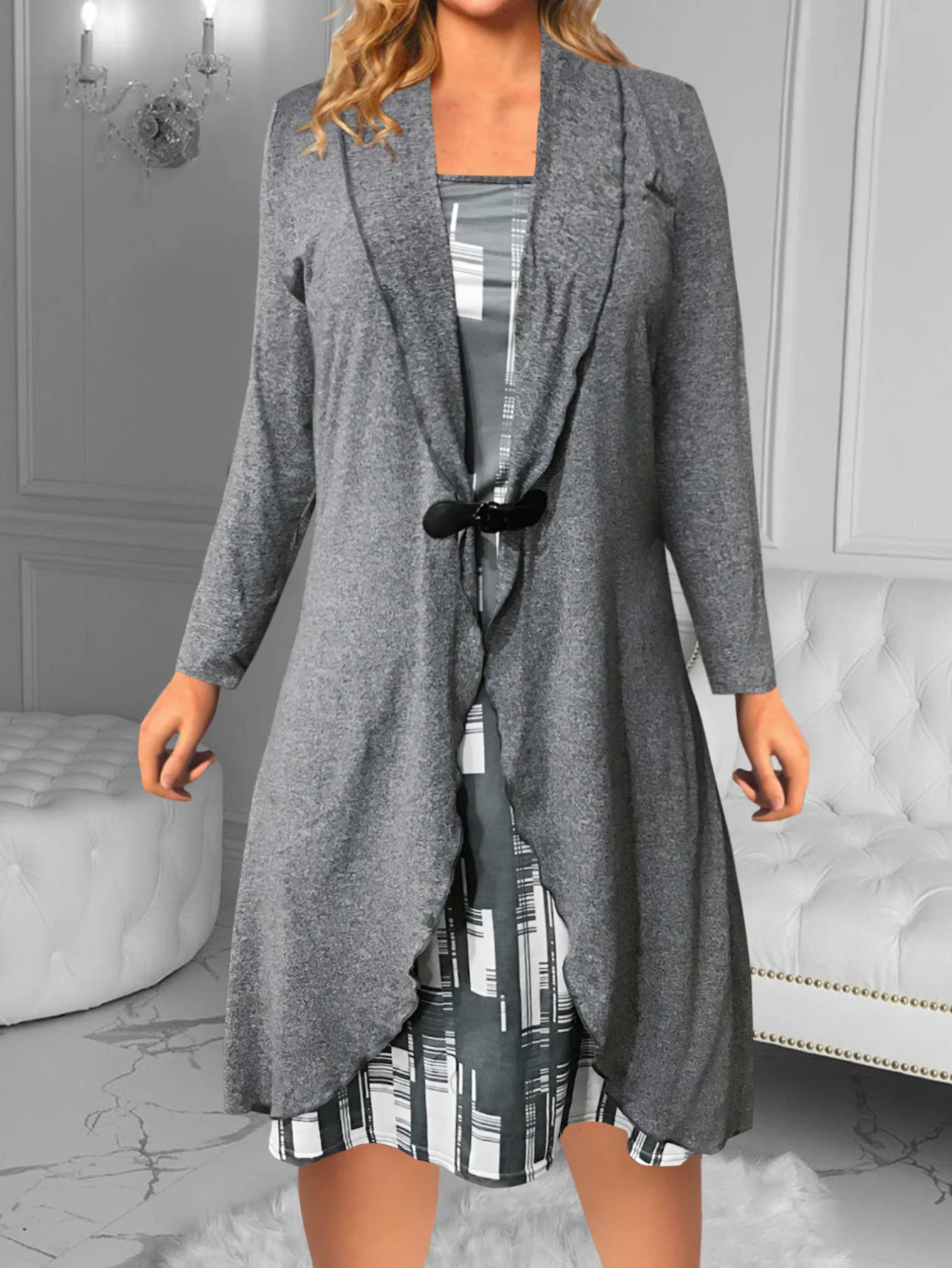 

LW Turndown Collar Mixed Print Dress Casual Dress Women's Colorblock Geometric Print Long Sleeve Shawl Collar Buckle Dress