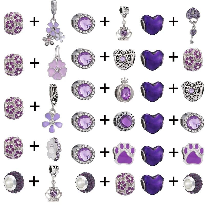

Boosbiy 2Pcs/Lot DIY Fantasy Purple Love Heart Flower Charms Beads Fits Brand Bracelets Necklaces For Women Jewelry Making