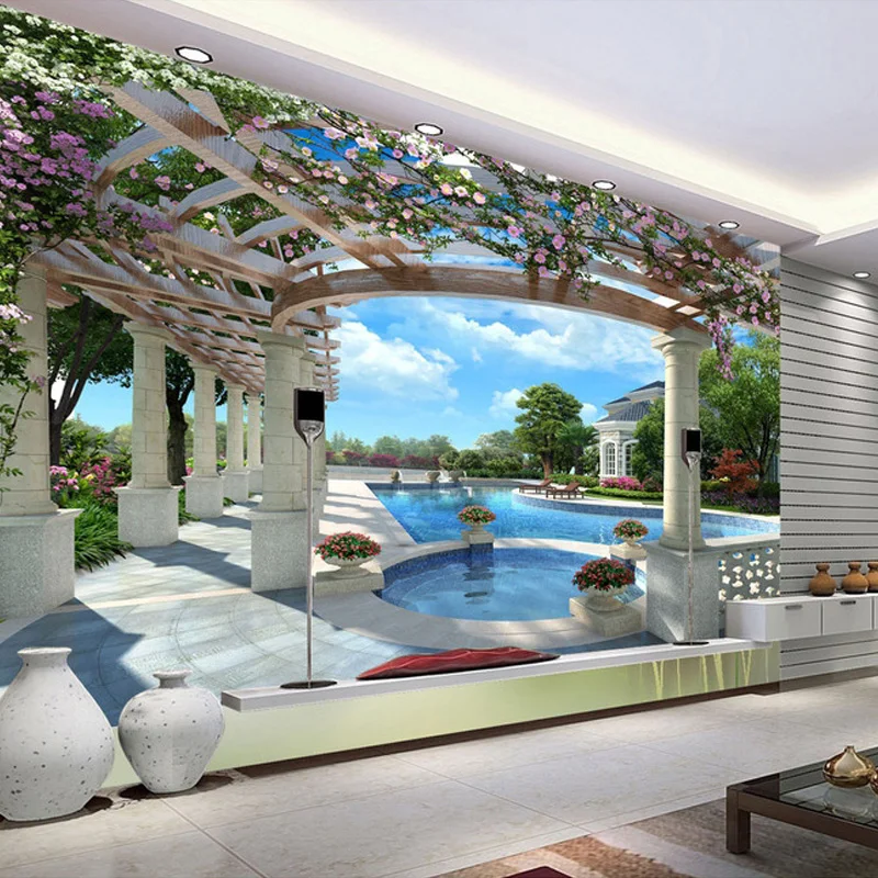 High Quality Custom 3D Photo Wallpaper Villa Swimming Pool TV Backdrop ...