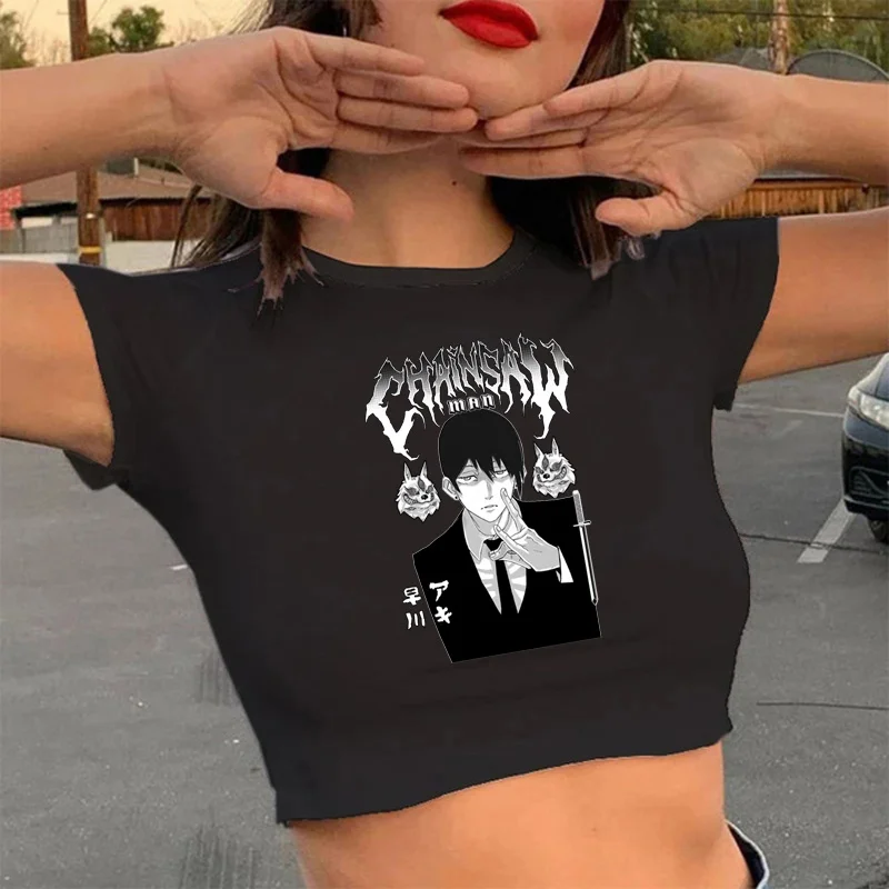 

chainsaw man crop top tshirt women kawaii print ulzzang 2022 harajuku kawaii t shirt vintage