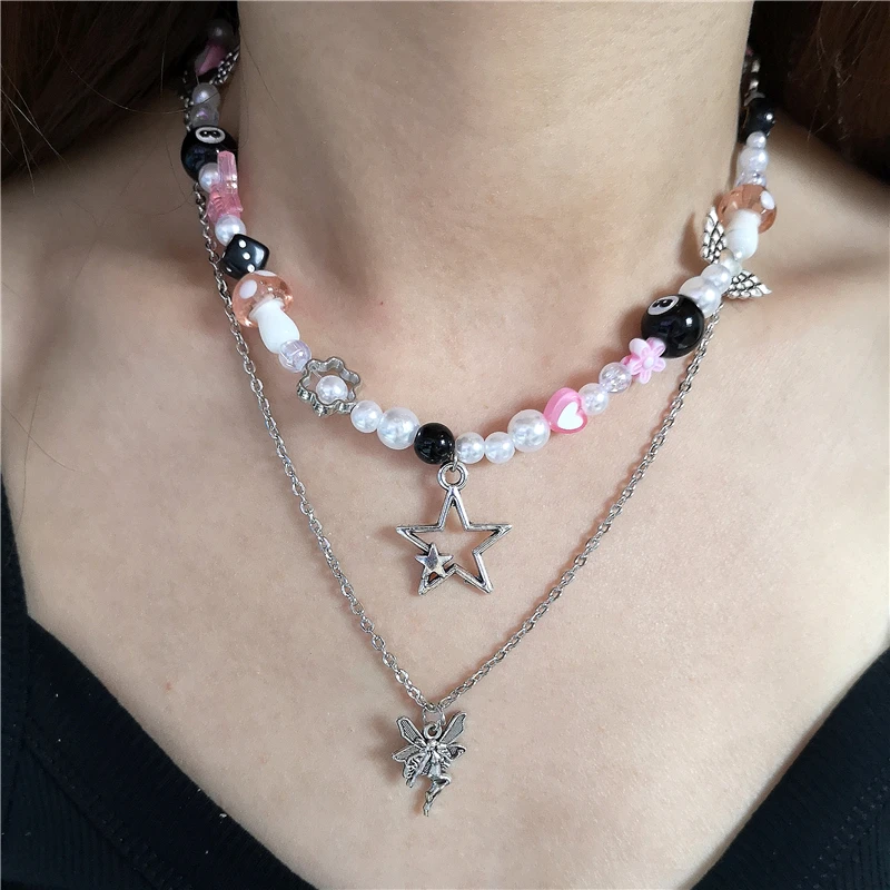 Kpop Trendy Vintage Star Cross Heart Pendant Pink Beaded