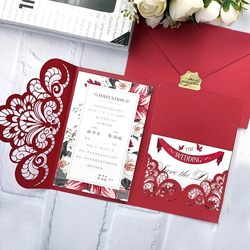 

50 pieces Tri-fold Pocket Wedding Invitation Customized Print Laser Cut Floral Red XV Birthday Business Greeting RSVP Card IC153