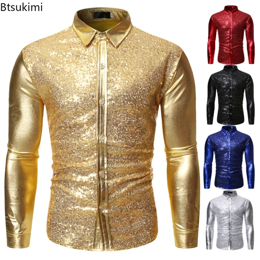 New 2024 Men's Shiny Gold Sequin Nightclub Shirt Brand Slim Fit Party Wedding Glitter Men Dress Shirt Stage Singer Prom Costume beige wedding men suits groom wear slim fit tuxedos 2 pieces jacket pants terno bridegroom prom suits blazer costume homme