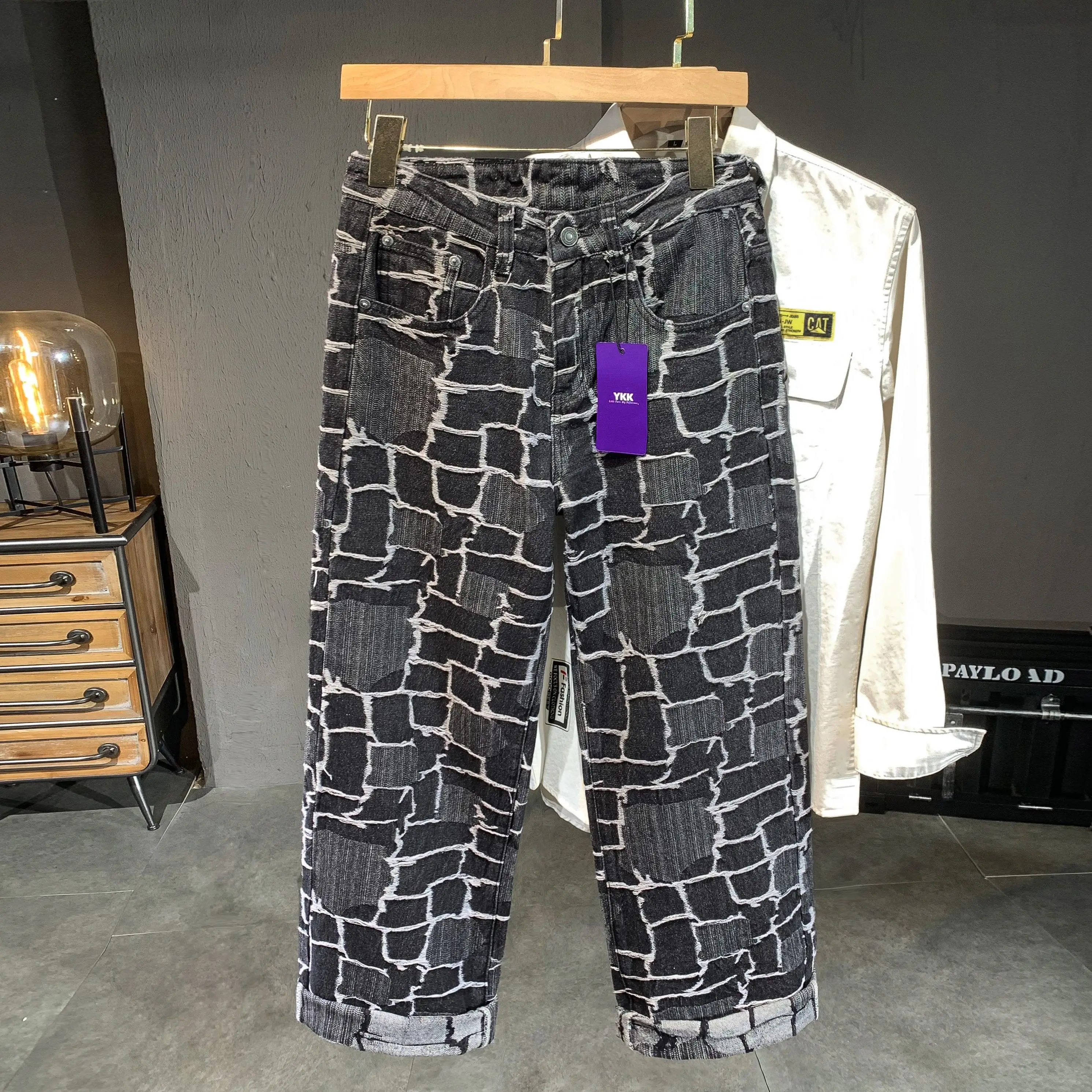 Spring & Autumn Street Wear Men Plaid Patchworks Baggy Pants Ripped Wash Denim Trousers Male 5