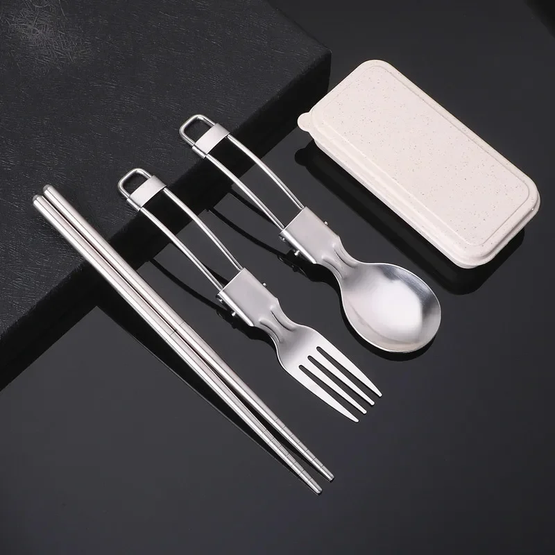 Foldable Camping Spoon Fork Chopsticks Flatware Outdoor Picnic Cutlery Set Stainless Steel Utensil Spoon Set Camping Equipment Camping Cutlery Portable Tableware Portable Cutlery