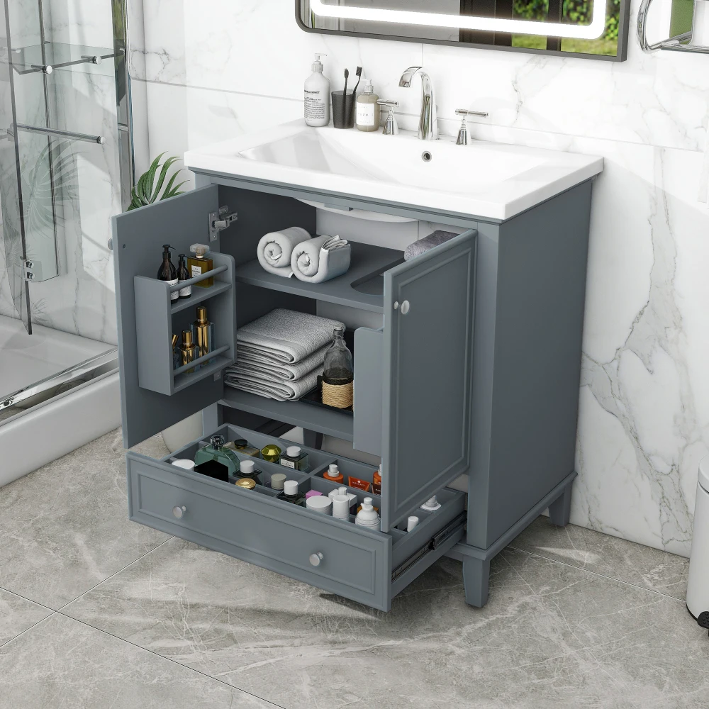 30" Bathroom Vanity with Sink Combo, Multi-functional Bathroom Cabinet with Doors and Drawer, Solid Frame and MDF Board, Blue 2