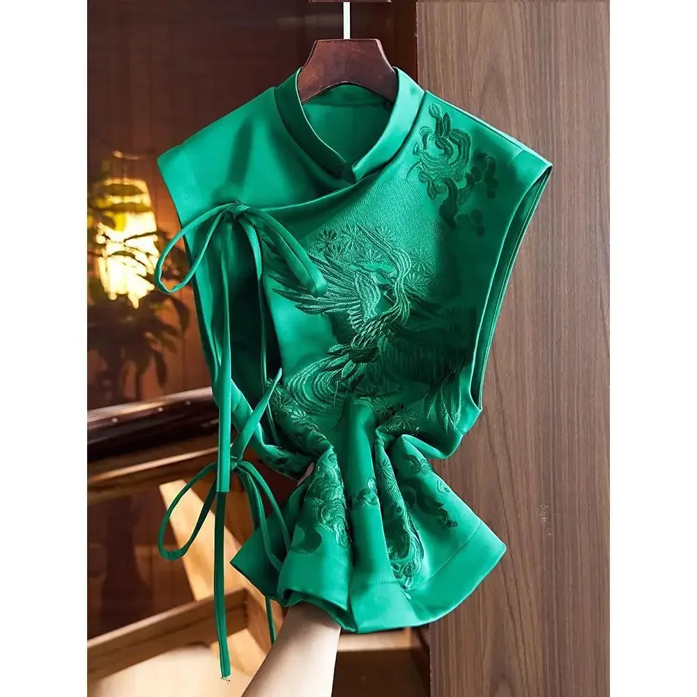 Chinese Style Top Women Tang Clothes Embroidery Phoenix Flower Qipao Lady Vest Vintage Clothing Casual Carnival Dress Up Party