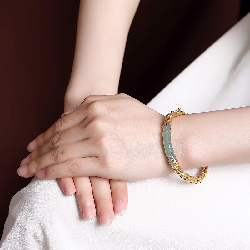 New Fashion Gold-plated Hetian Jade Compound Bracelet Beaded Beads Bamboo Bangle Bracelet for Women Girls Jewelry Gifts 2