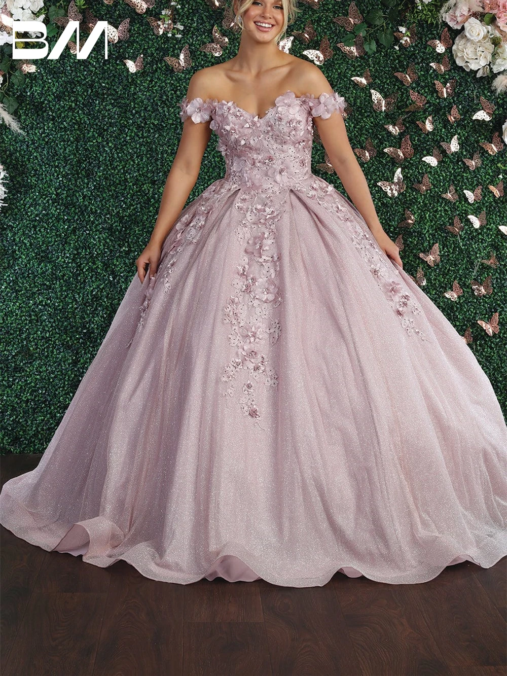 

Floral Quinceanera Dress 2024 With Glitter Tulle Ball Gown Cocktail Dresses Off-The-Shoulder Vestidos De Baile