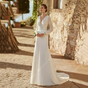 Sexy Deep-V Long Sleeves Women Wedding Dresses Elegant Mermaid Bridal Gowns Mopping Length Princess Vestidos De Novia Customized