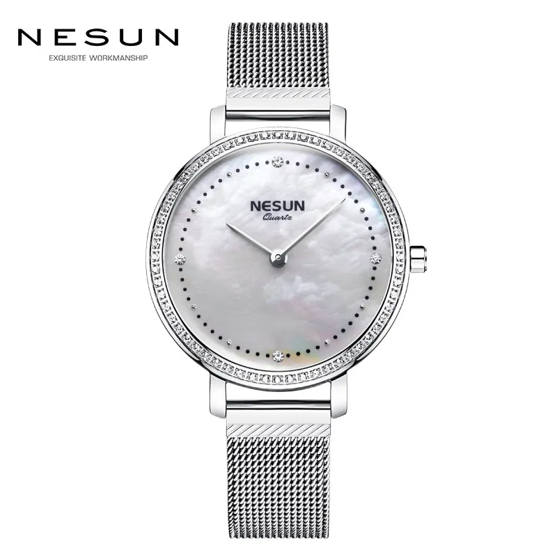 New Switzerland NESUN Luxury Brand Japan MIYOTA Quartz Women\'s Watches Pearl Diamond 7 MM Ultra-thin Full Steel Clock N8809-4
