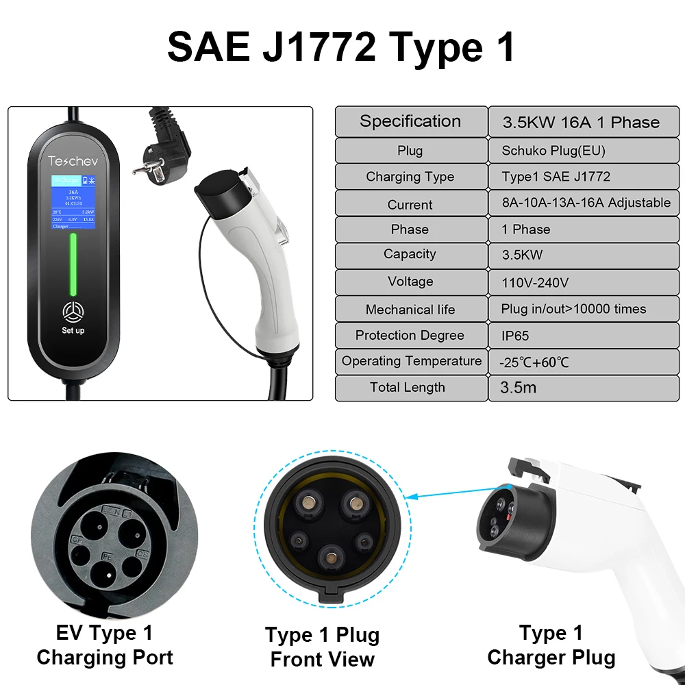 Portable EV Charger Teschev 220V Portable EV Charger Type1 16A Charging Cable GBT Wallbox EVSE Type2 Charging Stations for Electric Vehicle