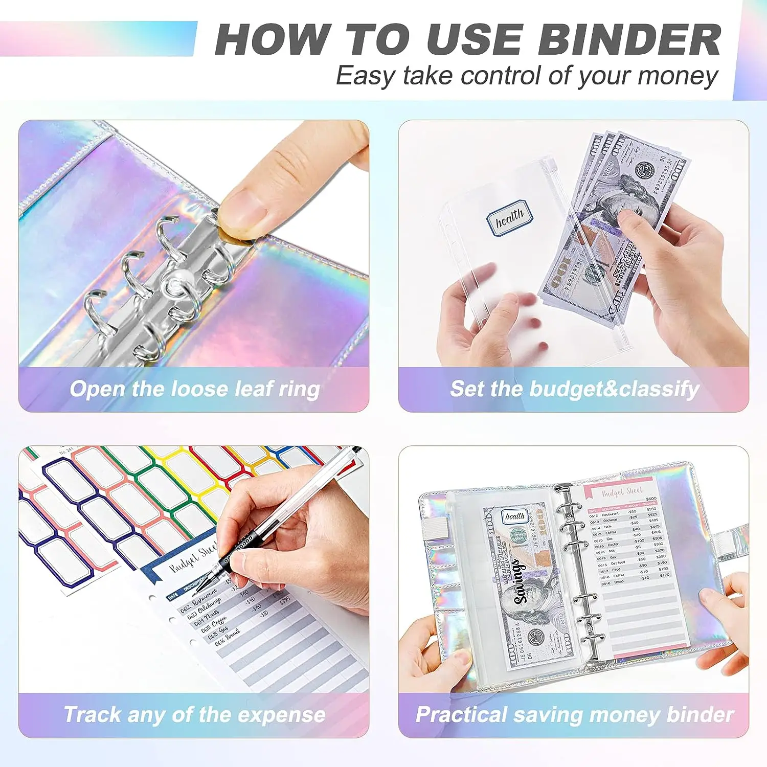 2023 laser Budget Binder Zipper Envelopes Organizer Cash Envelopes for Budgeting Saving Money A6 Planner 6 Pockets Accessories