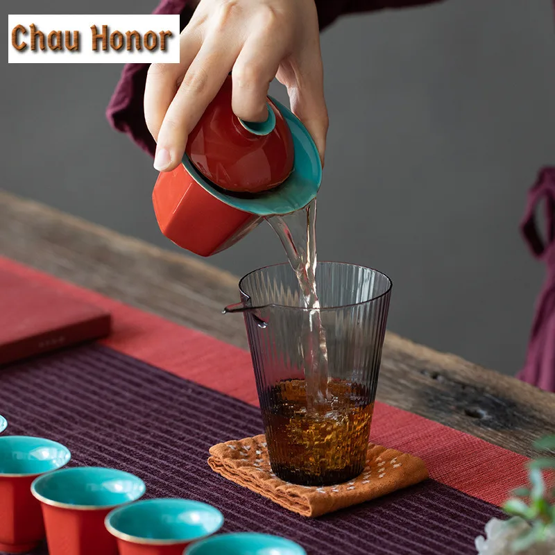 120ml Retro Red Ceramic Glaze Hexagon Tea Tureen Tea Bowl With Cover Tea Maker Gaiwan Household Kung Fu Tea Hand Grasping Bowl