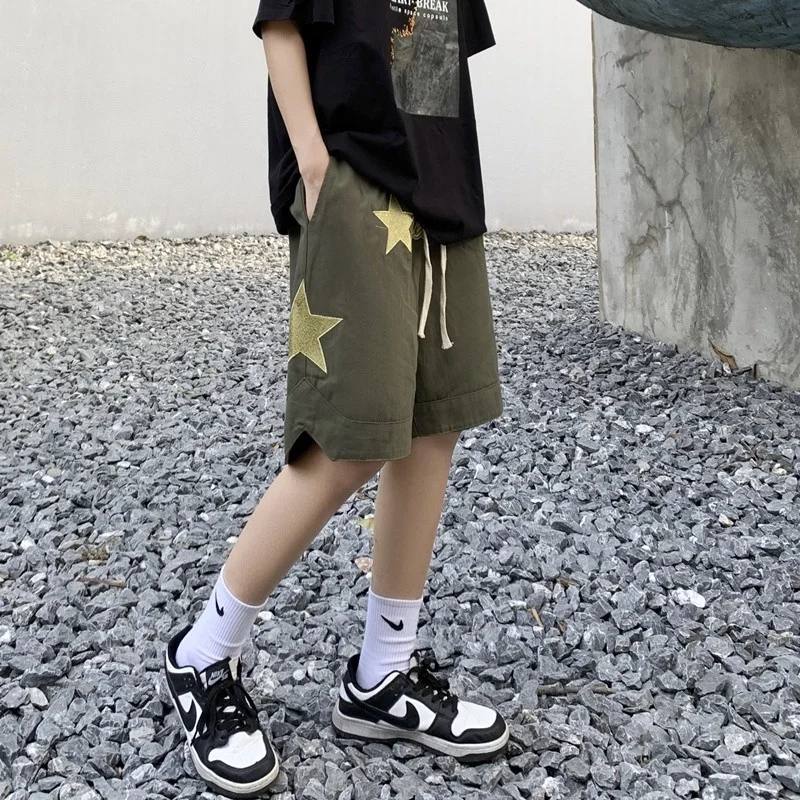 American Retro High Street Casual Shorts Men's Summer Embroidery Casual Loose Wide Leg Straight Short Pants for male