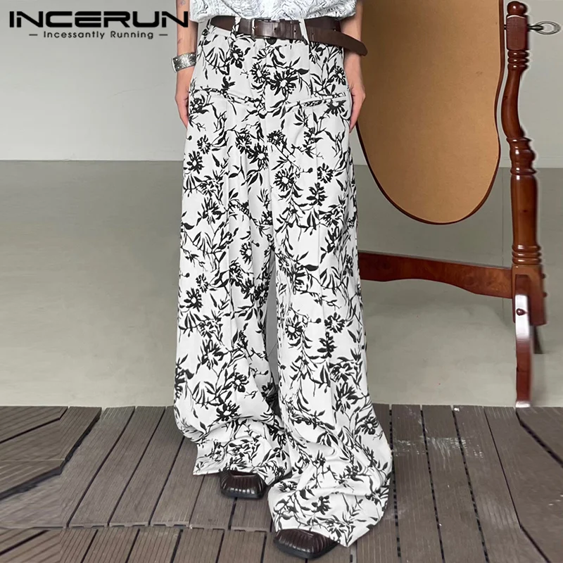 INCERUN 2023 Korean Style New Men's Pants Retro Ink Flower Print Pattern Trousers Fashion Streetwear Hot Selling Pantalons S-5XL