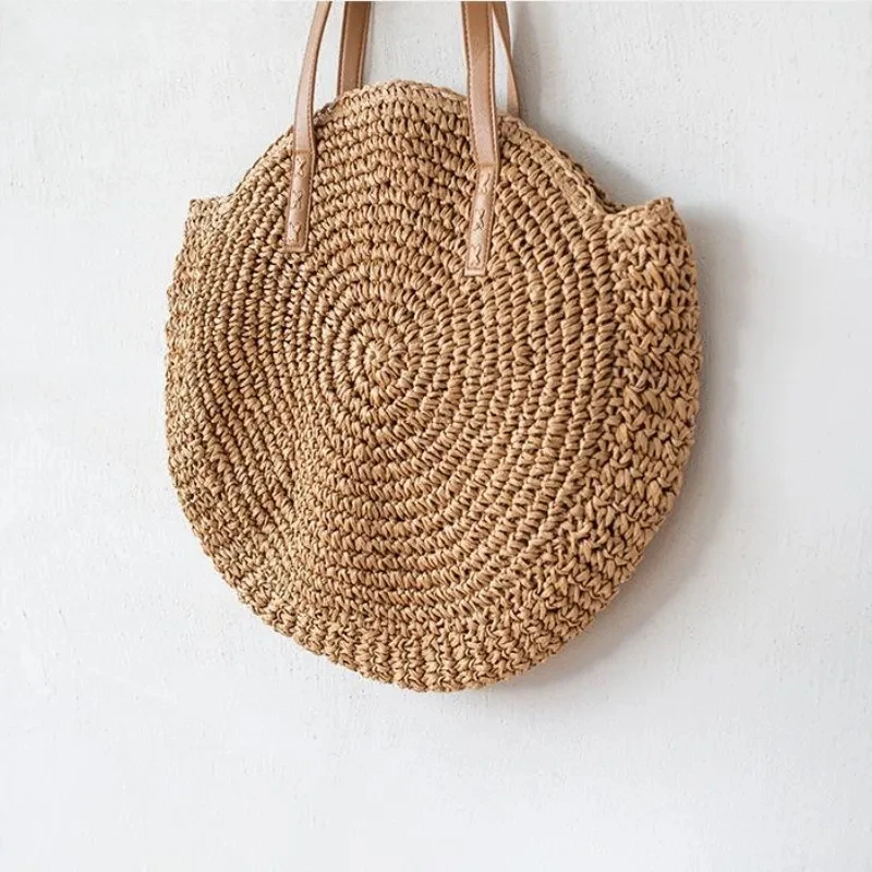 Yogodlns New Round Straw Bags Women Summer Rattan Bag Simple Style Handmade Woven Beach Knitted Bag Circle Bohemia Handbag Bali