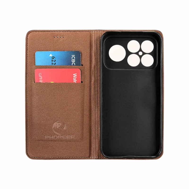 Genuine Leather Flip Wallet Case with Magnetic Closure and Card Pocket – Cowhide Grid Pattern