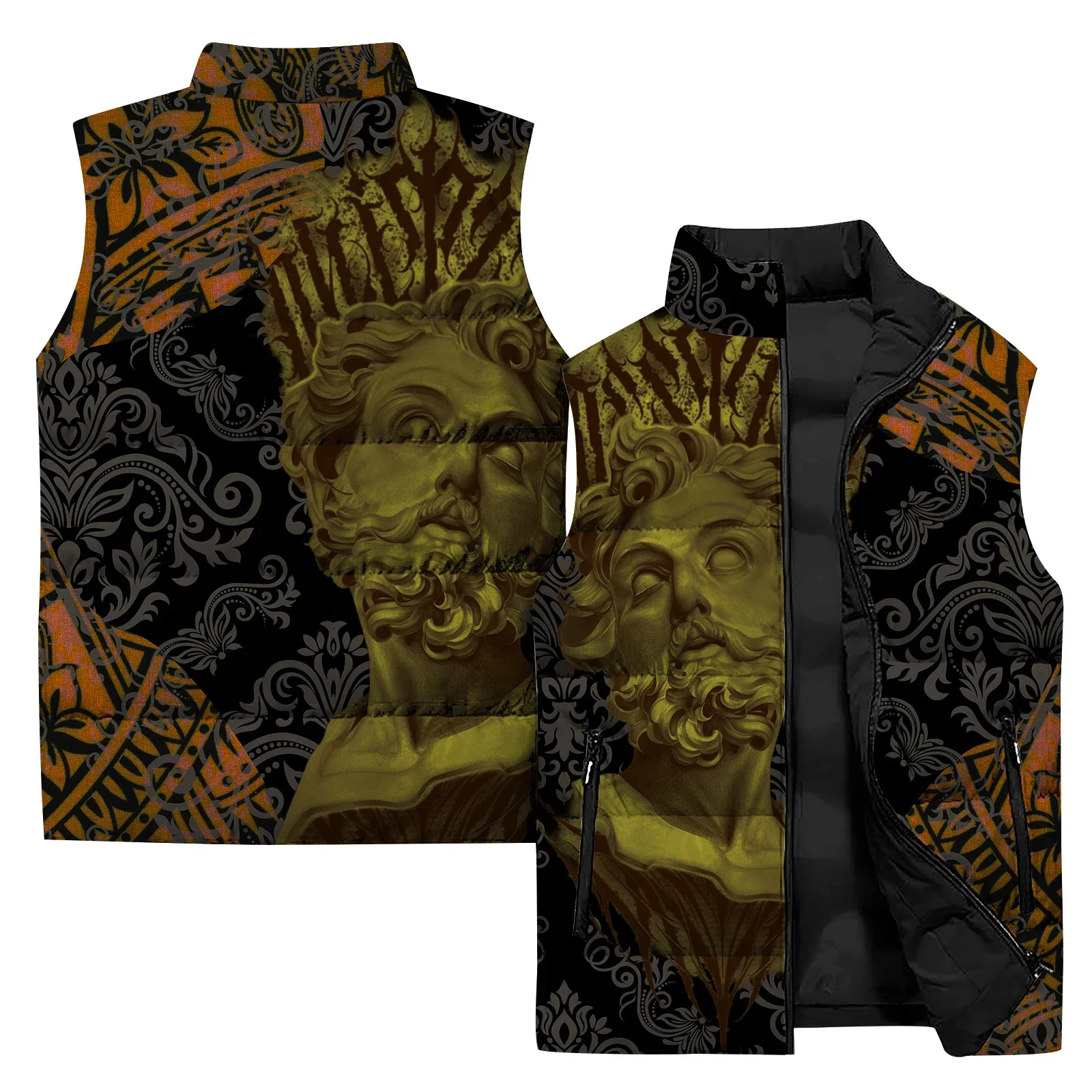 Chaqueta de hombre Chaleco con estampado de estatuas Ropa para hombre 2024 Chaquetas para hombre Chaleco con cremallera y cuello alto Chalecos sin mangas Abrigos resistentes al viento y al frío