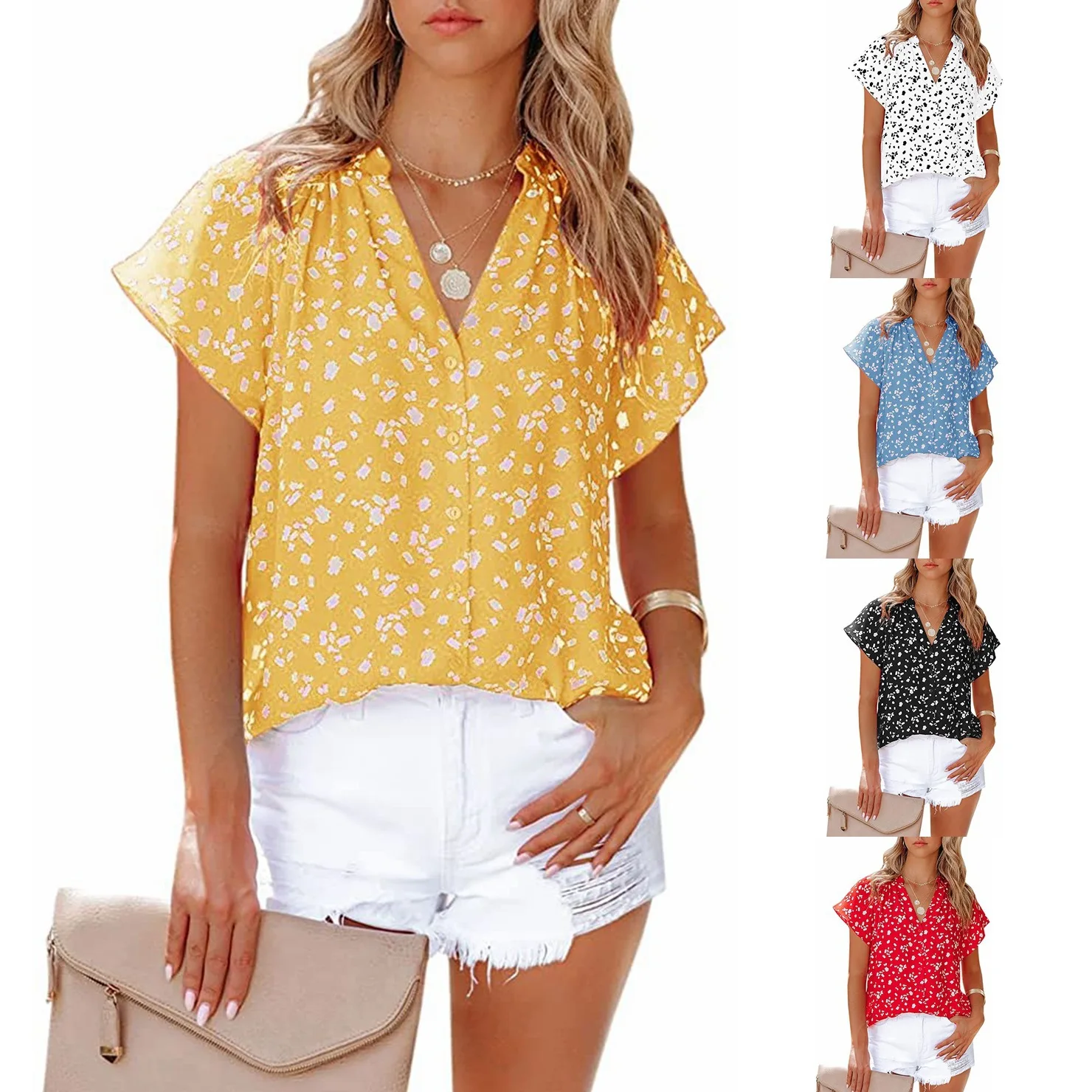 

Shirt European and American Women's Clothing 2023 New Top Short Sleeved V-neck Chiffon Printed Women