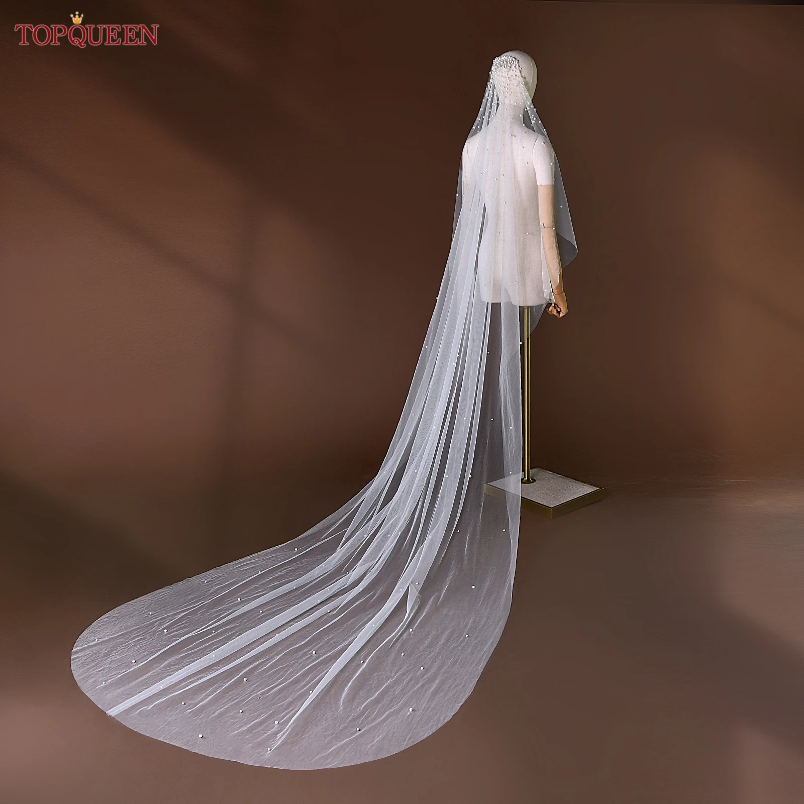 TOPQUEEN Perlen Braut Schleier mit Kamm Hochzeit Schleier 1 Tier 3 Meter Luxus Lange Hochzeit Schleier Braut Haar Zubehör Hochzeit v180 – Detail 9