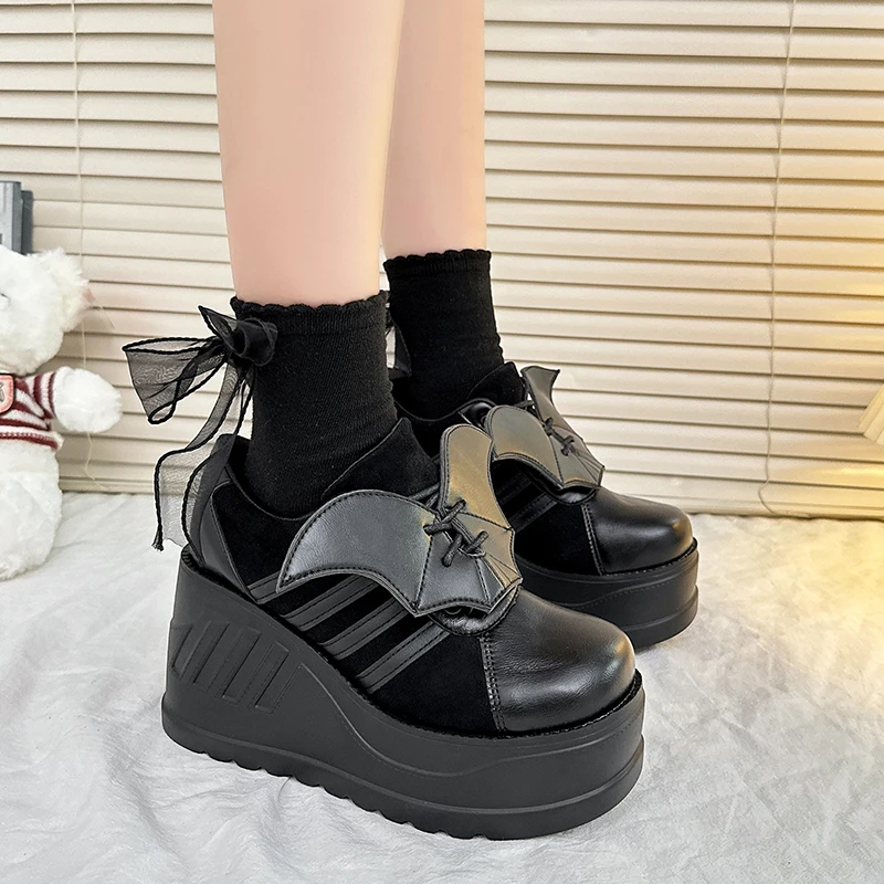 

Black Punk Bat Wing Sneakers Height Increasing Black Square Big Toe Gothic Platform Women Shoes New Arrival Fashion Street Style