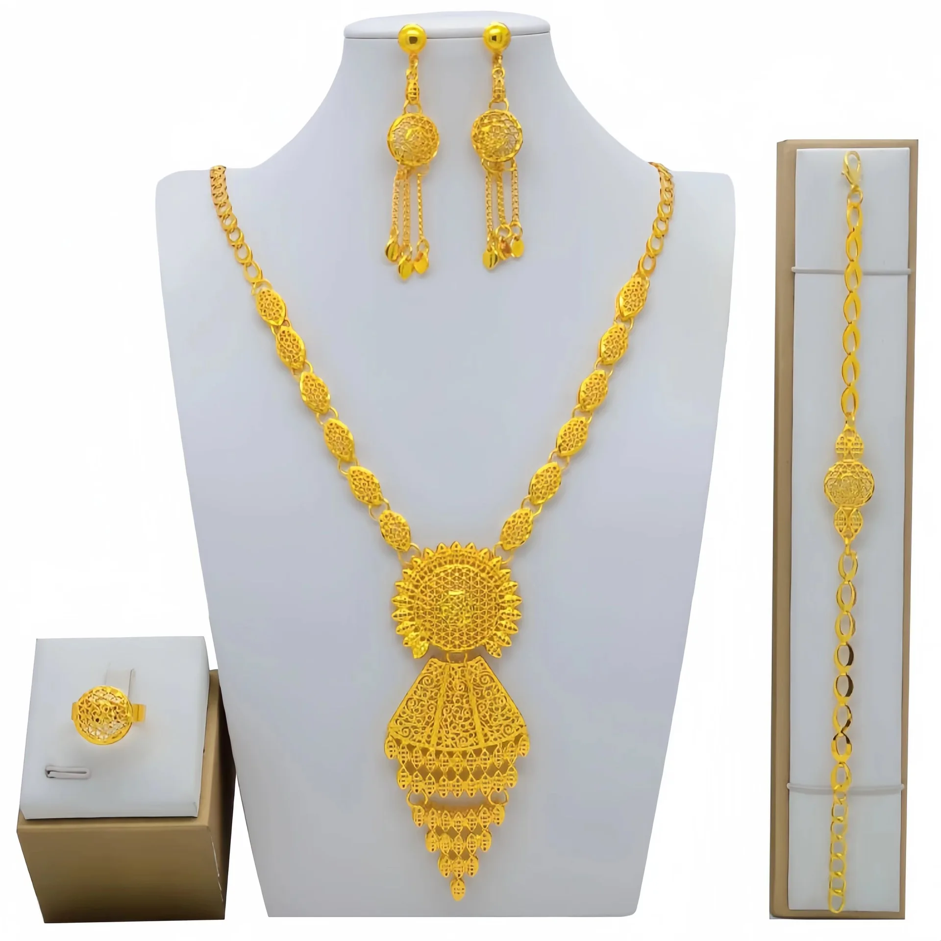 Dubai 24K Gold Plated Jewelry Set Bride Wedding Necklace Bracelet Earrings Ring Bu10253 dubai gold