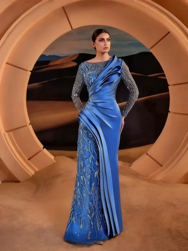 فستان سهرة أنيق باللون الأخضر الزيتوني بأكمام طويلة ومطرز بحورية البحر فستان حفلة مناسبة خاصة فستان طويل مخصص