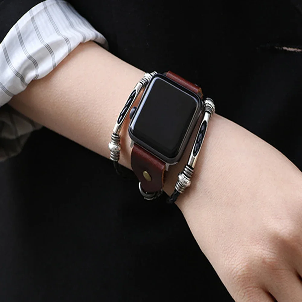 애플 워치 밴드용 가죽 스트랩, 레트로 수제 소가죽 팔찌, iWatch 시리즈 7, 6, 5, 4, 3 Se, 41mm, 45mm, 44mm, 38mm, 40mm, 42mm