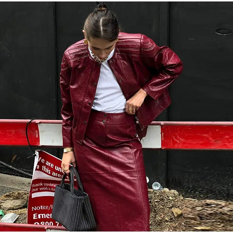 PU Leather Jackets Long Skirts Women's Set Vintage Solid O-Neck Jackets A-Lined Slim Fit Skirt Sets Female Chic Street Outfits