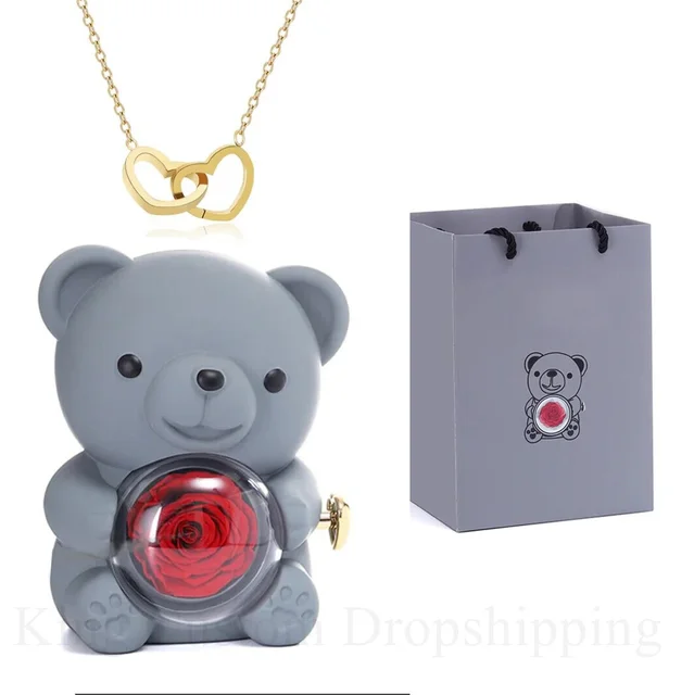 2024 New Eternal Flower Rotating Rose Bear Jewelry Box Custom Name Jewelry Necklace Birthday Gift for Family and Friends 2