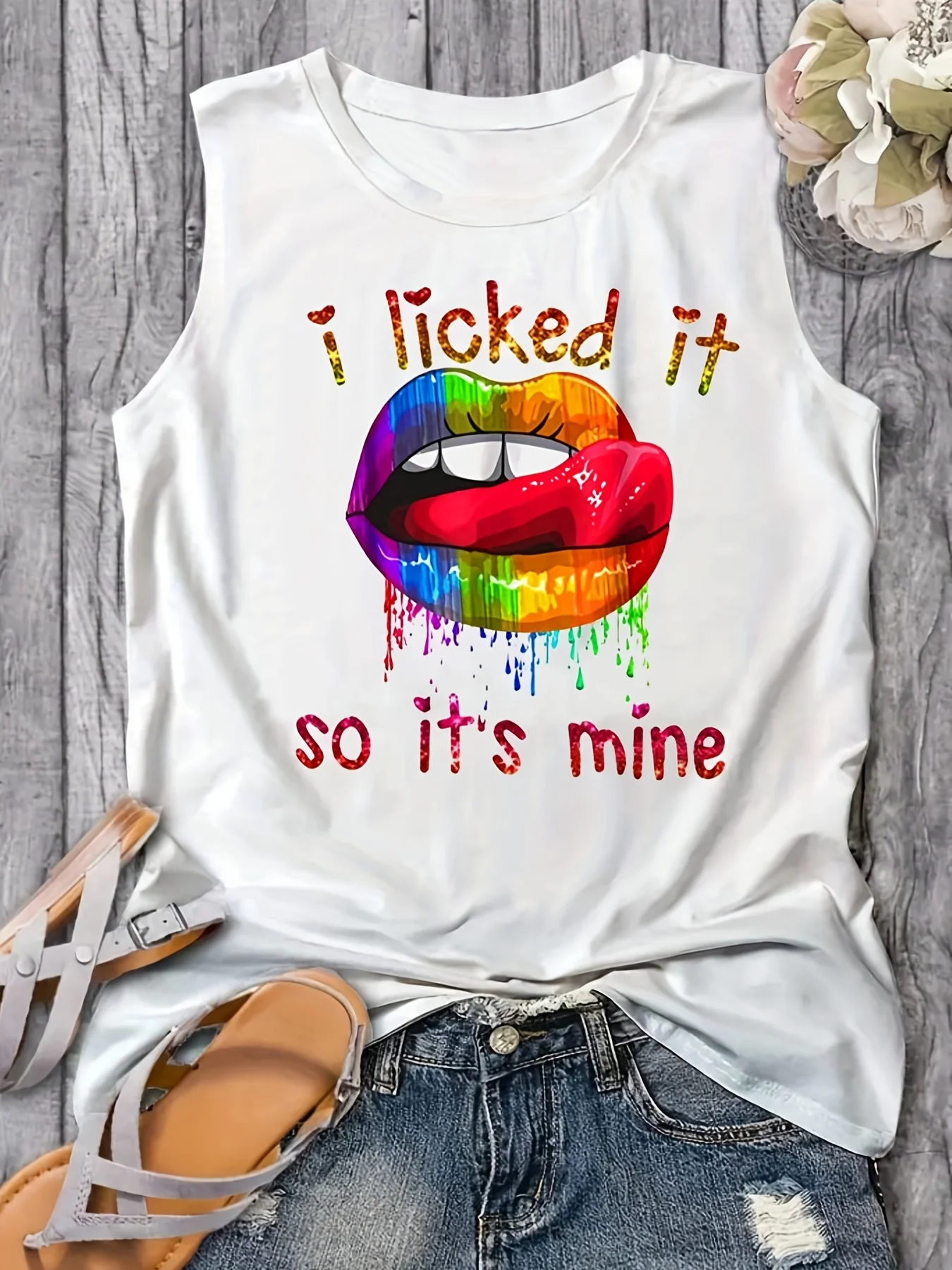 Women's Summer Colorful Lips Letter Print Loose Large Breathable and Comfortable Sleeveless Tank Top T-shirt 2