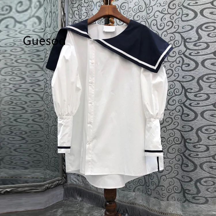 

Women Cotton 2022 Female Irregular Big Turn-Down Collar Loose Medium Length Blouse New
