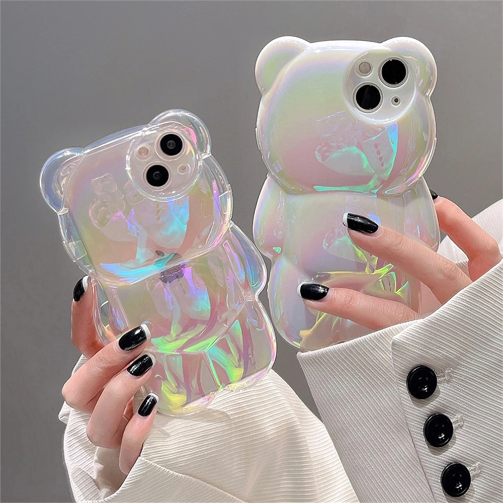 

Korean Cute 3D Laser Bear Transparent Phone Case For iPhone 15 14 13 12 11 Pro Max Stylish Silicone Shockproof Soft Cover Funda