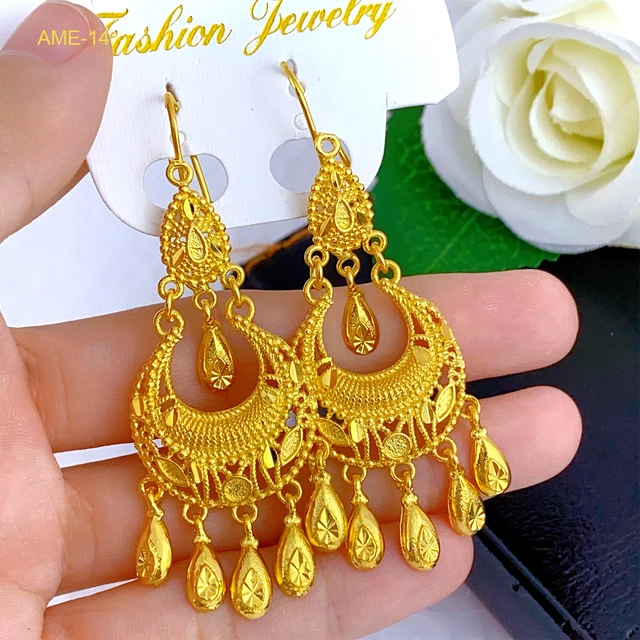24k Long Dubai Gold Color Earrings For WomenWedding Earrings Bridal African  Wedding Ornament Wife Gifts Bijoux Africaine Dubai - AliExpress