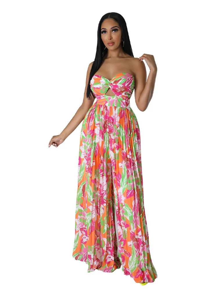 

Sexy Prints Corset Pleated Wide Leg Jumpsuit For Women Night Club Outfits Hollow Out Party Evening Backless Loose Long Jumpsuit