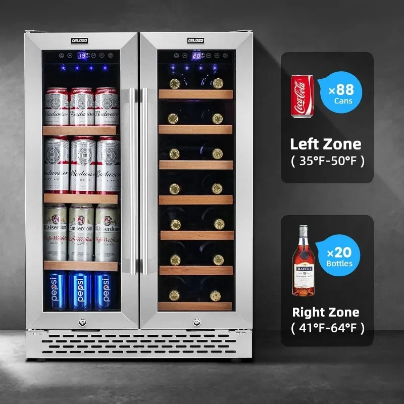 Wine Cooler Beverage Refrigerator 24 inch 20 Bottles & 88 Cans Beverage Fridge Dual Zone Wine Cooler Under Counter Lockable