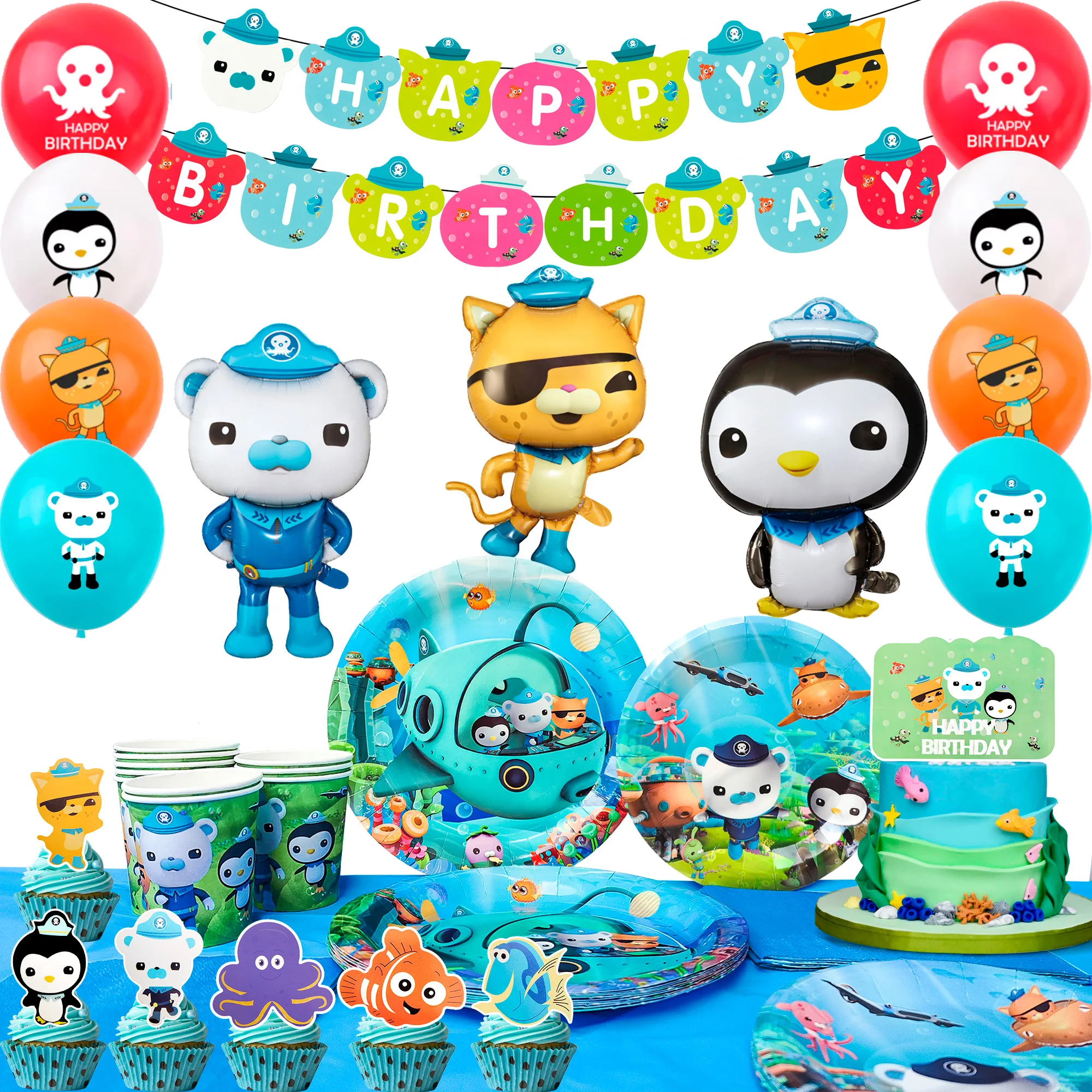 Octonaut Birthday Decorations 84pcs Octonaut Birthday Decorations&Tableware Set Party Plates Napkins Tablecloth Balloons etc party decorations party supplies birthday party supplies disposable tableware party tableware set