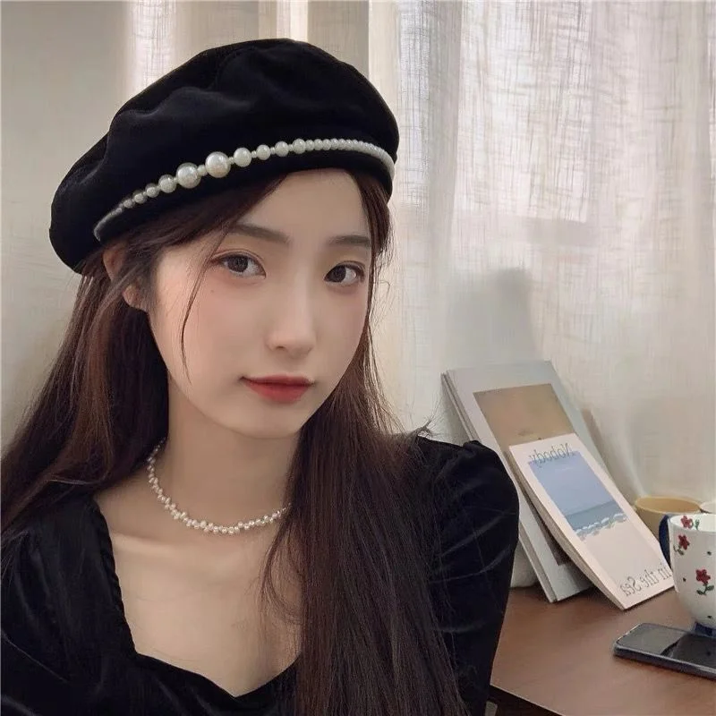 Hot Sale Musta Lapset Syksy Ja Talvi Englannin Pearl Veet Bud Naisten Kevät Elegantti Balck Baret Hat_voghion.com